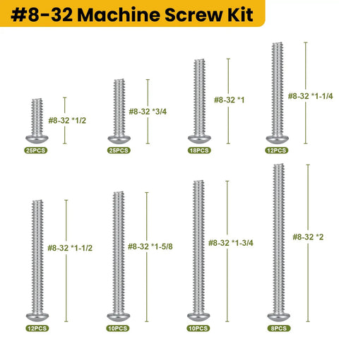 120Pcs 8-32 Phillips Pan Head Screws Set In 304 Stainless Steel Pro Grade Go-To Handy Kit showing various sizes from 1/2" to 2"