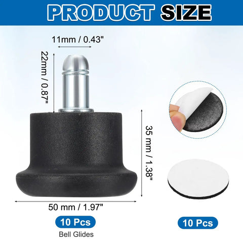 Heavy Duty Low Profile Bell Glides 10 Pack Office Chair Replacement Feet 50mm diameter with black nylon metal build.