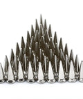 Heavy Duty Zinc Alloy Metal Spike Studs large silver screw back tree nails arranged in a triangle for leather crafts and accessories.
