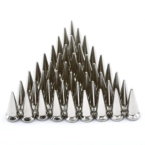 Heavy Duty Zinc Alloy Metal Spike Studs large silver screw back tree nails arranged in a triangle for leather crafts and accessories.
