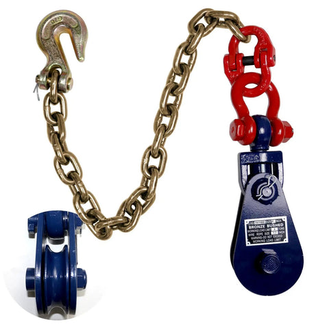 Beefed Up Heavy Duty 4 Ton Snatch Block With Chain For Tow Trucks And Recovery, 4.5 Inch Sheave For One Half Inch Wire Rope, Swivel Shackle, Snatch Block Pulley For Towing And Car Carrier Applications showing chain, hook, and pulley