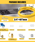 Safety System Kit For Natural Gas Lines Three Quarter Inch ID 48 Inch Flexible Gas Hose Mobile Kitchen Connector With Two Elbows And Quick Connect Fittings CSA Certified Durable, showing yellow hose, fittings, and accessories.