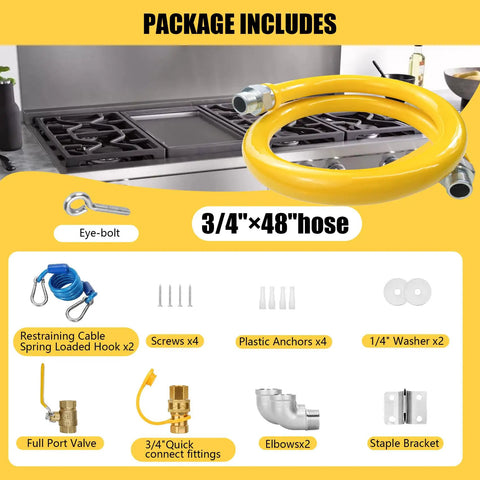 Safety System Kit For Natural Gas Lines Three Quarter Inch ID 48 Inch Flexible Gas Hose Mobile Kitchen Connector With Two Elbows And Quick Connect Fittings CSA Certified Durable, showing yellow hose, fittings, and accessories.
