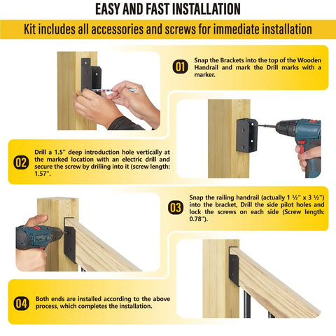 Installation guide for Rock Solid 35 Degree 201 Stainless Steel Deck Railing Connectors Fit 2 By 4 Lumber, showing drill process.