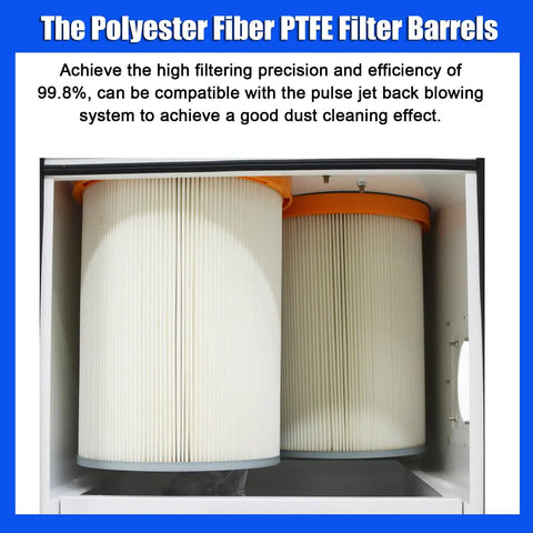 View of PTFE filter barrels for Heavy Duty Mobile Pulse Jet Dust Collector With Two Cartridges For Laser Cutting Grinding And CNC Metal Dust Collection, 2200 Cubic Meters Per Hour Airflow, 99.8 Percent Filtration, 2.2 kW Motor, 220V.