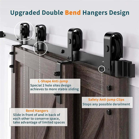 Sliding Barn Door Hardware Rollers For Double Doors Smooth Quiet Glide Black Bent J Shape Hanger System Four Rollers Close-Up