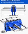 Pro-Grade 6.7 Inch Self Centering Dowel Jig Kit With Wide Capacity Doweling Jig And Drill Guide For Woodworking, Complete Set With 6 Steel Bushings For Precise Straight Holes, Heavy Duty Aluminum Build, Blue, side view with size details.
