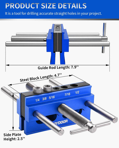 Pro-Grade 6.7 Inch Self Centering Dowel Jig Kit With Wide Capacity Doweling Jig And Drill Guide For Woodworking, Complete Set With 6 Steel Bushings For Precise Straight Holes, Heavy Duty Aluminum Build, Blue, side view with size details.