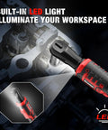 Three Eighths Inch Cordless Ratchet Wrench Set With Brushless Motor Delivers 88 Ft Lbs Torque At 500 RPM On A 20V Battery A Powerhouse For Pros And DIY Easy One Hand Operation And Quick Socket Changes. Cordless ratchet with built-in LED light on a mechanical workspace.