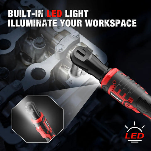 Three Eighths Inch Cordless Ratchet Wrench Set With Brushless Motor Delivers 88 Ft Lbs Torque At 500 RPM On A 20V Battery A Powerhouse For Pros And DIY Easy One Hand Operation And Quick Socket Changes. Cordless ratchet with built-in LED light on a mechanical workspace.