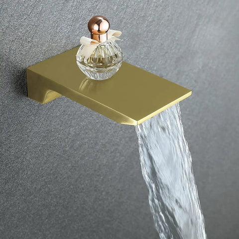 Gold waterfall tub spout with running water, part of Rainfall Shower Head With Handheld Spray Waterfall Tub Spout 10 Inch Wide Brushed Nickel Finish Dope 3 Function Shower System Easy Install NPT One Half Connection Modern Bath Upgrade For Home Showers.