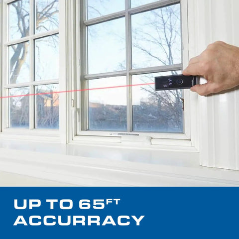 Person using 3-In-1 Digital Measurement Tool With Laser Measure, Tape Attachment, And Wheel Adapter For Your Go-To Gadget For Quick Distances, Areas, And Circumference On Uneven Surfaces, Laser Accurate Up To Sixty-Five Feet With Plus Or Minus One Eighth Inch on window frame to measure distance