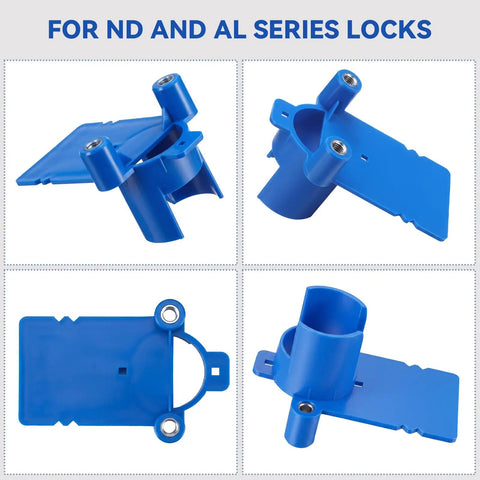 2 Piece Blue Lock Boring Jig Kit Hella Sturdy Metal Core With Heavy Duty Plastic Frame For Zero Grind Pre Drilled Door Alignment Smooth Lock Replacements On Any Residential Entryway, showing blue jig for ND and AL series locks.