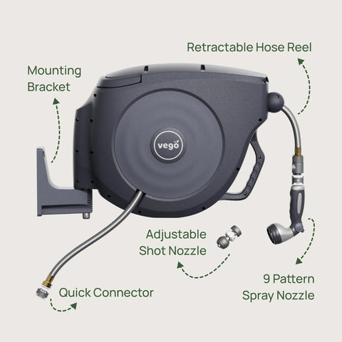 Retractable Garden Hose Reel With Automatic Rewind Easy Setup Wall Mounted 100 Ft Seaweed Green with nozzles and connectors visible