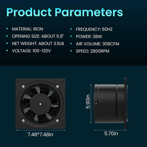 Product specifications for 6 Inch Exhaust Fan For Kitchen Bathroom Attic And Garage With 308 CFM Wall Mount Vent Metal Extractor Durable Motor And High Efficiency HVAC Ventilation For Home Workshop Basement Office Quiet Operation And Long Lasting Performance.