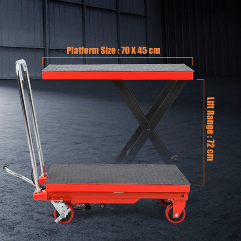 Heavy Duty Hydraulic Lift Table Cart 500 Lb Capacity Single Scissor Pump shown from side with 70x45 cm platform and 72 cm lift range.