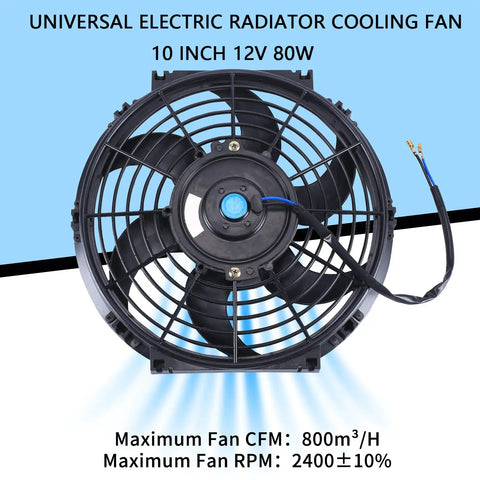 10 Inch Universal Slim Push Pull Radiator Cooling Fan Kit For 12V Engines, High Performance 80W, Black fan front view