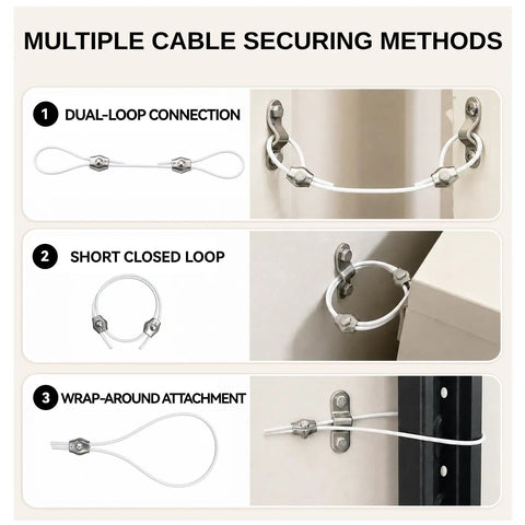 Heavy Duty Furniture Anchors Tough As Nails For Baby Proofing Earthquake Safety showing multiple cable securing methods.