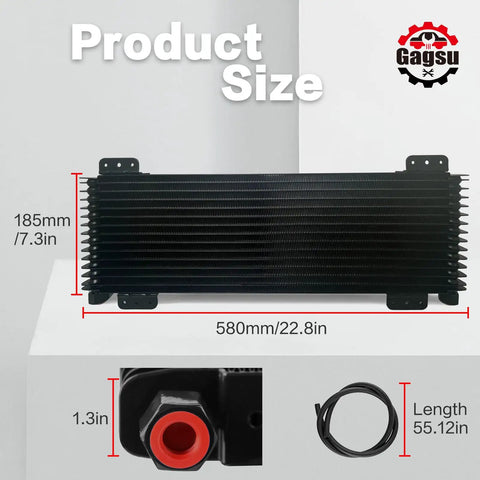 Low Pressure Drop Transmission Oil Cooler Kit LPD47391 For Heavy Duty Trucks Up To 40,000 GVW, product dimensions shown.