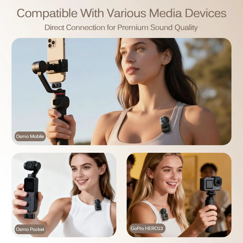 Person using Wireless Lavalier Microphone System With AI Noise Cancelling, Two Transmitters And Two Receivers, with devices