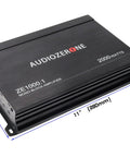 Beast 2000W Monoblock Class D Car Amplifier with dimensions, designed for subwoofers, shown in black with side controls.
