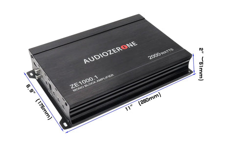 Beast 2000W Monoblock Class D Car Amplifier with dimensions, designed for subwoofers, shown in black with side controls.