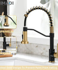 Badass Matte Black Kitchen Faucet With Sleek Gold Accent Pull Down Sprayer Single Handle Commercial Grade Mixer For Farmhouse Sink Campers And Rv Built Tough And Tight, with sprayer and handle detail.