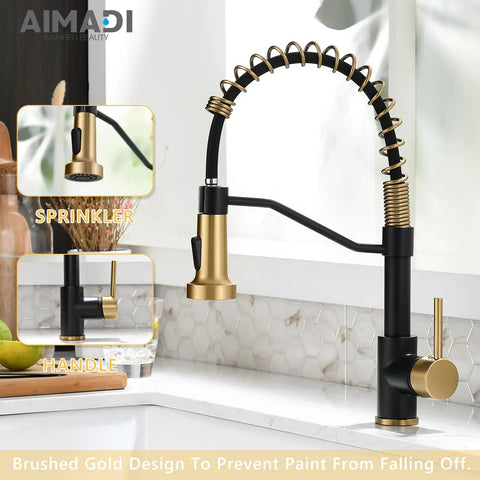 Badass Matte Black Kitchen Faucet With Sleek Gold Accent Pull Down Sprayer Single Handle Commercial Grade Mixer For Farmhouse Sink Campers And Rv Built Tough And Tight, with sprayer and handle detail.
