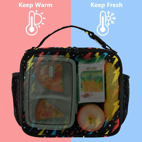 Colorful Lightning Bolt Insulated Lunch Bag For Kids And Adults With Shoulder Straps, Portable Cooler For School Office Travel And On The Go Meal Prep, front view