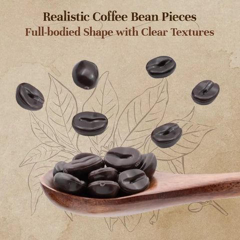 Realistic coffee bean pieces on a wooden spoon over a leaf background, highlighting full-bodied shape and clear textures.