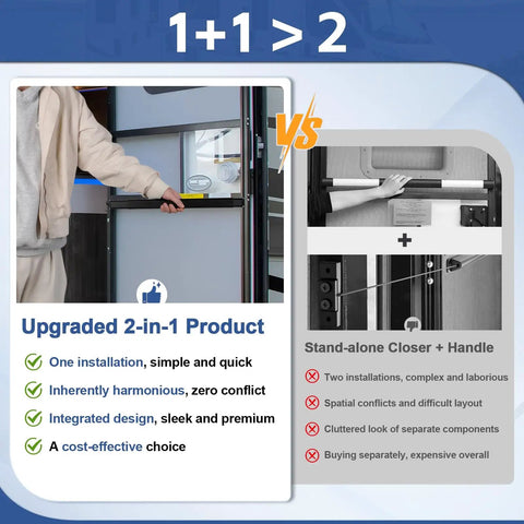 2-in-1 RV Screen Door Closer with Integrated Handle installed on a camper, demonstrating easy one-piece installation versus separate components.
