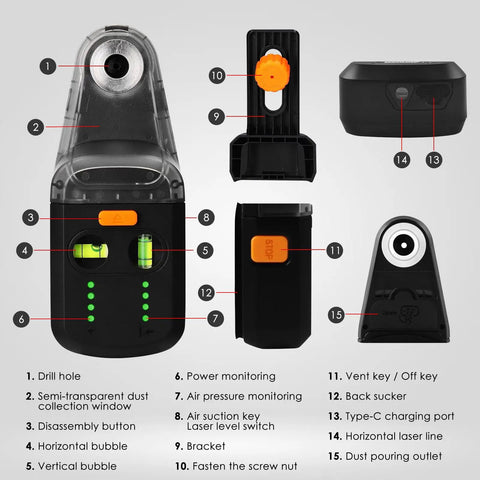 Dead On 4 In 1 Wall Laser Level Kit Featuring Bright Green Line And Integrated Dust Collection Mount For Slick Home Renovation And Precision Woodworking Builds, detailed parts view.