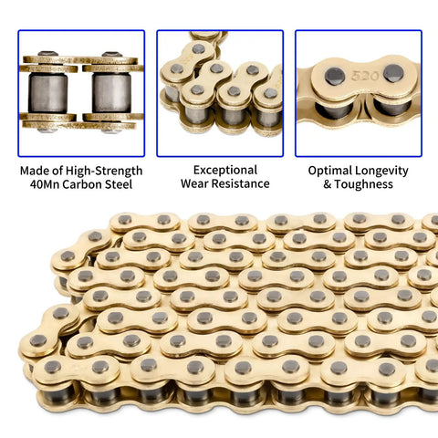 Close-up of 520 Gold Motorcycle Chain Set with 110 Links and Chain Breaker for 250cc 300cc Dirt Bikes, ATVs, Go Karts.