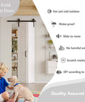 Four Panel Bi Fold Barn Door 60 Inch Wide By 84 Inch Tall With Sliding Hardware Kit Solid Wood And MDF Construction Waterproof PVC Finish Pre Drilled Easy To Install Space Saving Closet Door For Tight Openings installed in room with child and dog