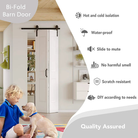 Four Panel Bi Fold Barn Door 60 Inch Wide By 84 Inch Tall With Sliding Hardware Kit Solid Wood And MDF Construction Waterproof PVC Finish Pre Drilled Easy To Install Space Saving Closet Door For Tight Openings installed in room with child and dog