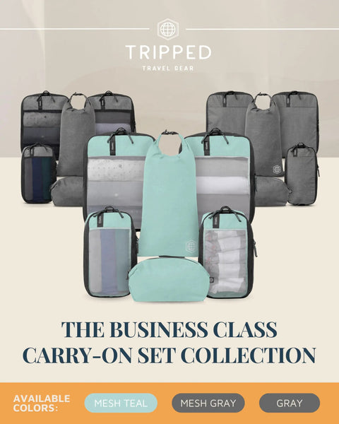 Compression Packing Cubes For Travel 6-Piece Premium Set With Laundry And Shoe Bag, Dusty Teal Mesh, displayed in front view.