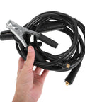 Must Have Electrode Holder And Ground Clamp Set For Welding Machine features heavy duty cable and clamps held in hand.