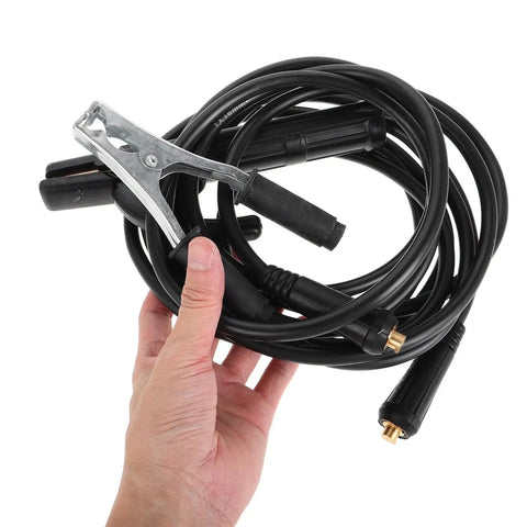 Must Have Electrode Holder And Ground Clamp Set For Welding Machine features heavy duty cable and clamps held in hand.