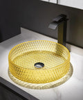 Bathroom Vessel Sink Vanity Glass Vessel Bowl Sink Cylindrical Countertop Sink Bowl Above Counter Sink Art Basin With Faucet And Pop Up Drain,Black in yellow diamond pattern.