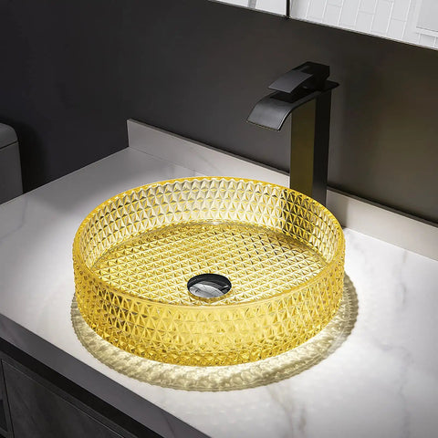 Bathroom Vessel Sink Vanity Glass Vessel Bowl Sink Cylindrical Countertop Sink Bowl Above Counter Sink Art Basin With Faucet And Pop Up Drain,Black in yellow diamond pattern.