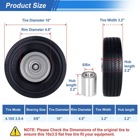 Flat Free Solid PU Run Flat Tire Wheels Set For Hand Trucks And Garden Carts 10x3.50-4 Inch Replacement Size Details