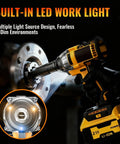 Heavy Duty Cordless Impact Wrench Delivers Hella Power With A Brushless Motor And Variable Speed Trigger, built-in LED work light for visibility.