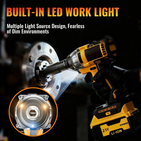 Heavy Duty Cordless Impact Wrench Delivers Hella Power With A Brushless Motor And Variable Speed Trigger, built-in LED work light for visibility.