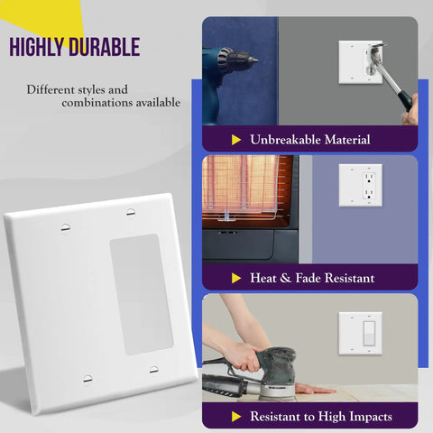 Combination Decorator Rocker And Blank Outlet Wall Plate 2 Gang Standard Size 4.50 By 4.57 Inch Durable Polycarbonate Thermoplastic UL Listed White Finish with images highlighting its unbreakable, heat-resistant, and impact-resistant features.