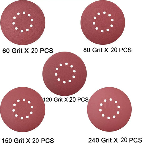9 Inch Hook And Loop Sanding Discs Set With 10 Hole Design, 60 80 120 150 240 Grit Aluminum Oxide Paper, 100 pack