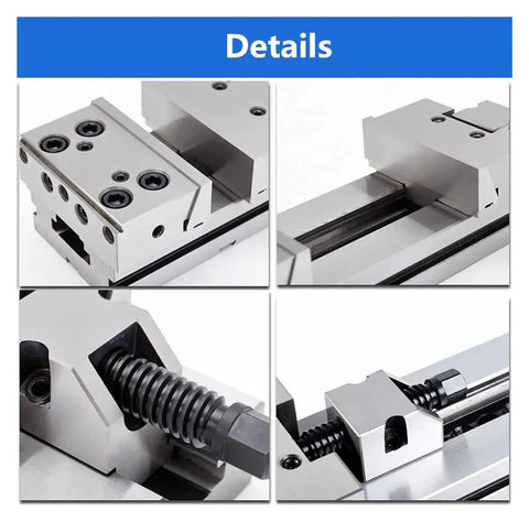 Close-up details of 6 Inch Rock Solid Machine Vise With Precision Hardened Steel Flat Jaws For CNC Milling And Lathe Workholding features.