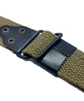 Close-up of Khaki Thompson Kerr Rifle Sling US World War I Canvas Gun Strap for M1903 Springfield steel buckle and eyelets.