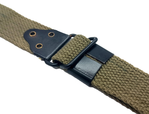 Close-up of Khaki Thompson Kerr Rifle Sling US World War I Canvas Gun Strap for M1903 Springfield steel buckle and eyelets.