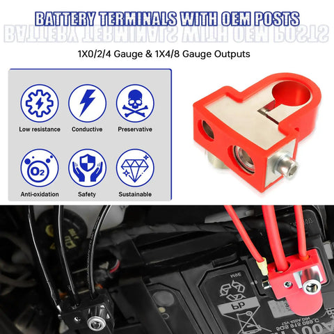 Solid Brass Battery Terminals For Car Audio Upgrades equipped for top or side placement, featuring 0/2/4 and 4/8 gauge outputs.