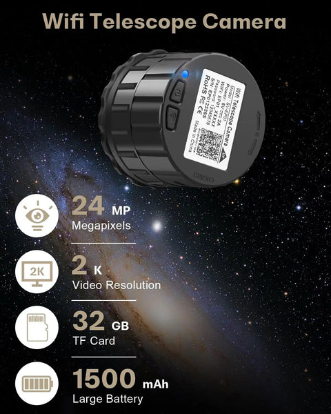 WiFi Eyepiece Camera For Telescopes And Microscopes, 24MP, 2K video, 32GB storage, 1500mAh battery in galaxy background view.